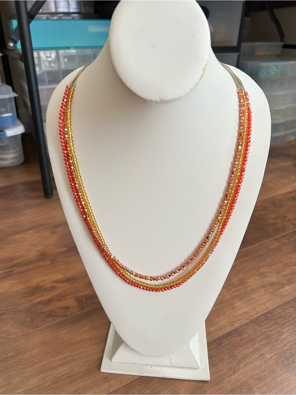 Triple Layered Red, Orange and Yellow Beaded Chain Necklace